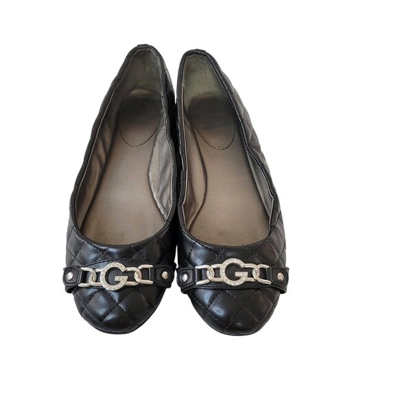 Black Quilted Guess Flats With G Logo & Rhinestones Women's Size 9M - Picture 1 of 7